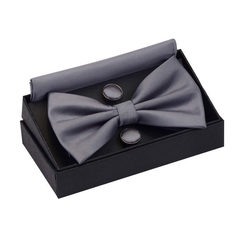 GUSLESON Mens Dark Gray Bow Tie Solid Pre-tied Bowtie and Pocket Square Cufflink Set (0570-21) - Image 2